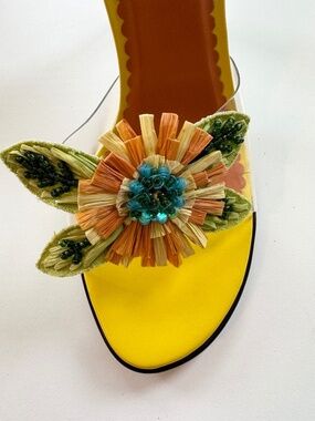 Vintage Portia Genuine Leather Clear Heel Sandals with Raffia Flower